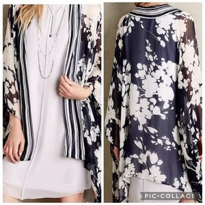 Anthroplogie Elevenses Navy & White Sheer Silk Floral Kimono Cardigan Size OS